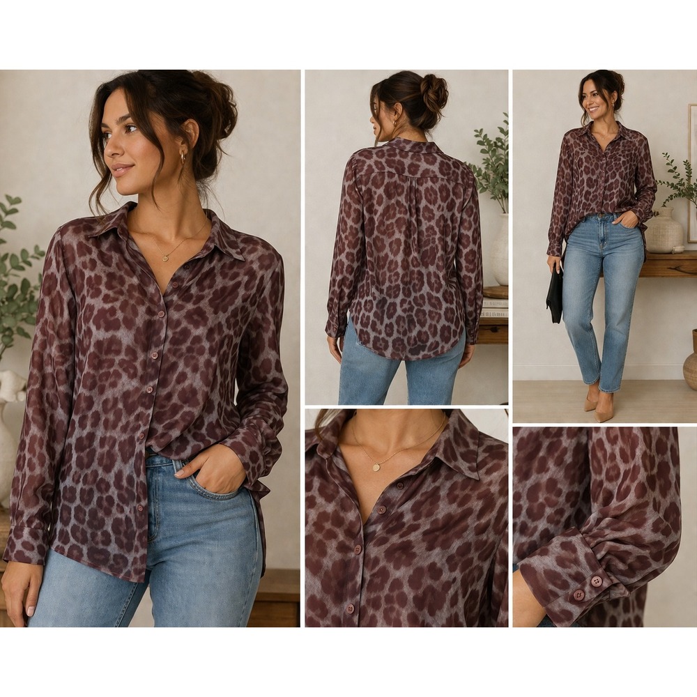 A New Day Button Down Shirt Womens L Burgundy Leopard Print Business Casual Chic